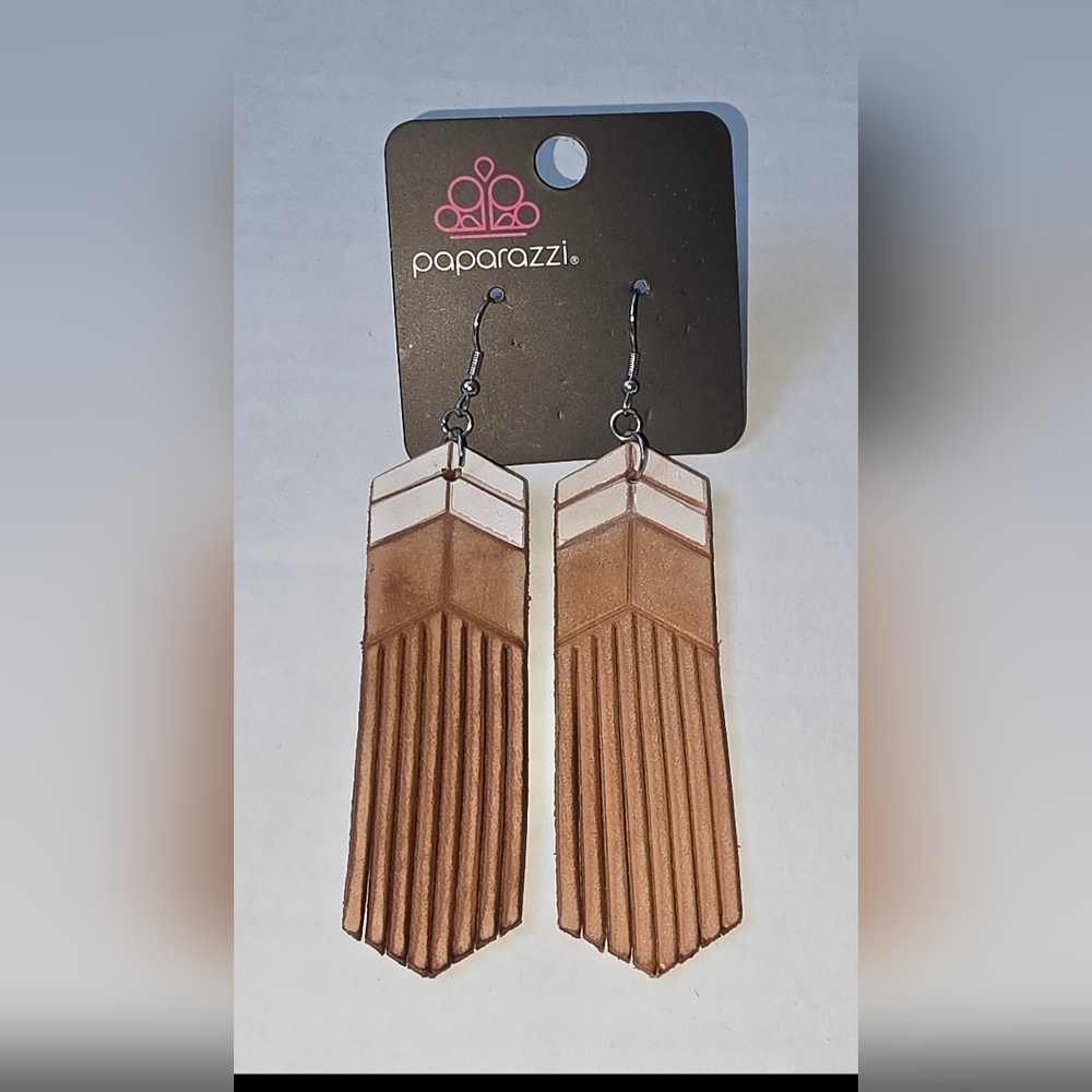 paparazzi Tan and White Fringe Leather Chevron Earrings